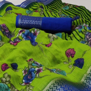 green-festive-wear-floral-printed-woven-border-cotton-saree-109796