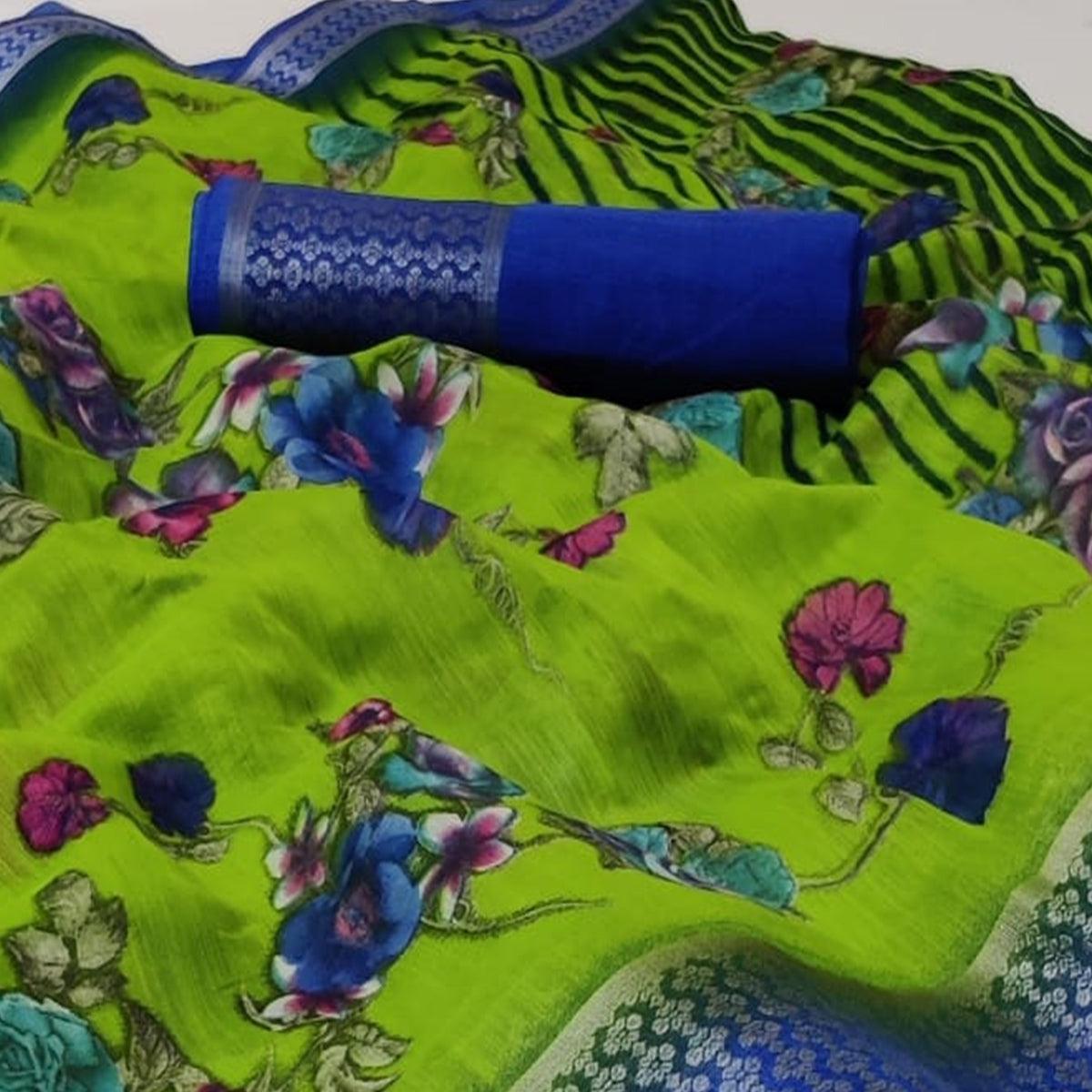 green-festive-wear-floral-printed-woven-border-cotton-saree-109796
