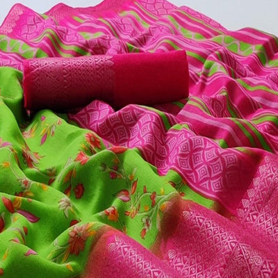 green-festive-wear-floral-printed-woven-border-linen-cotton-saree-108466