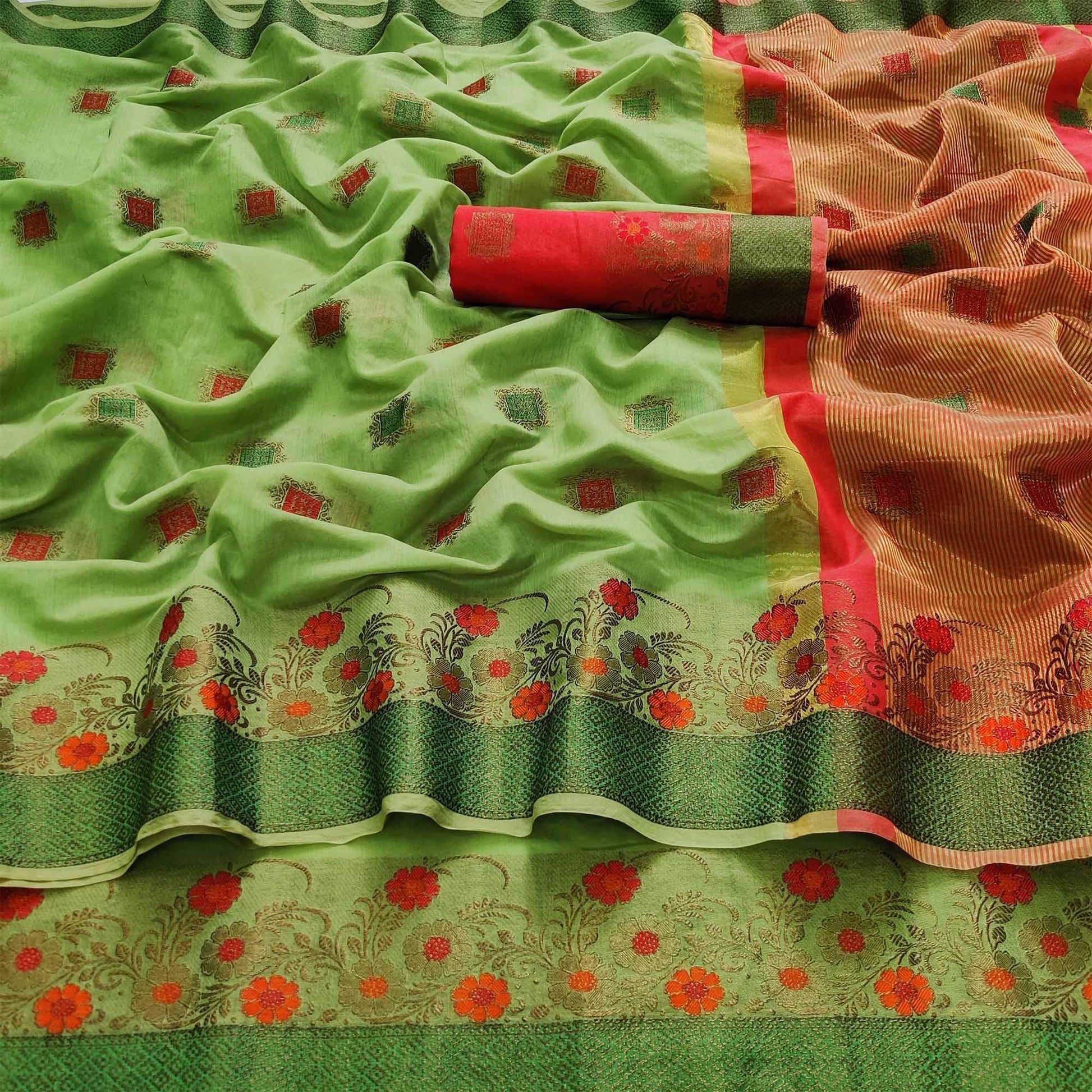 green-festive-wear-floral-woven-border-with-butta-work-cotton-saree-119055