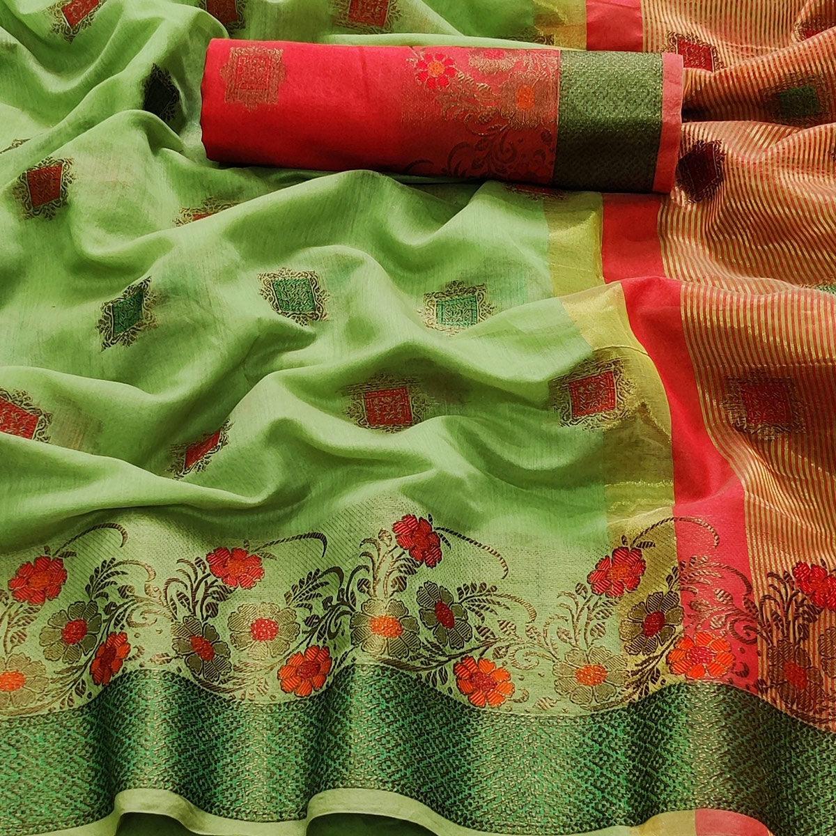 green-festive-wear-floral-woven-border-with-butta-work-cotton-saree-119055