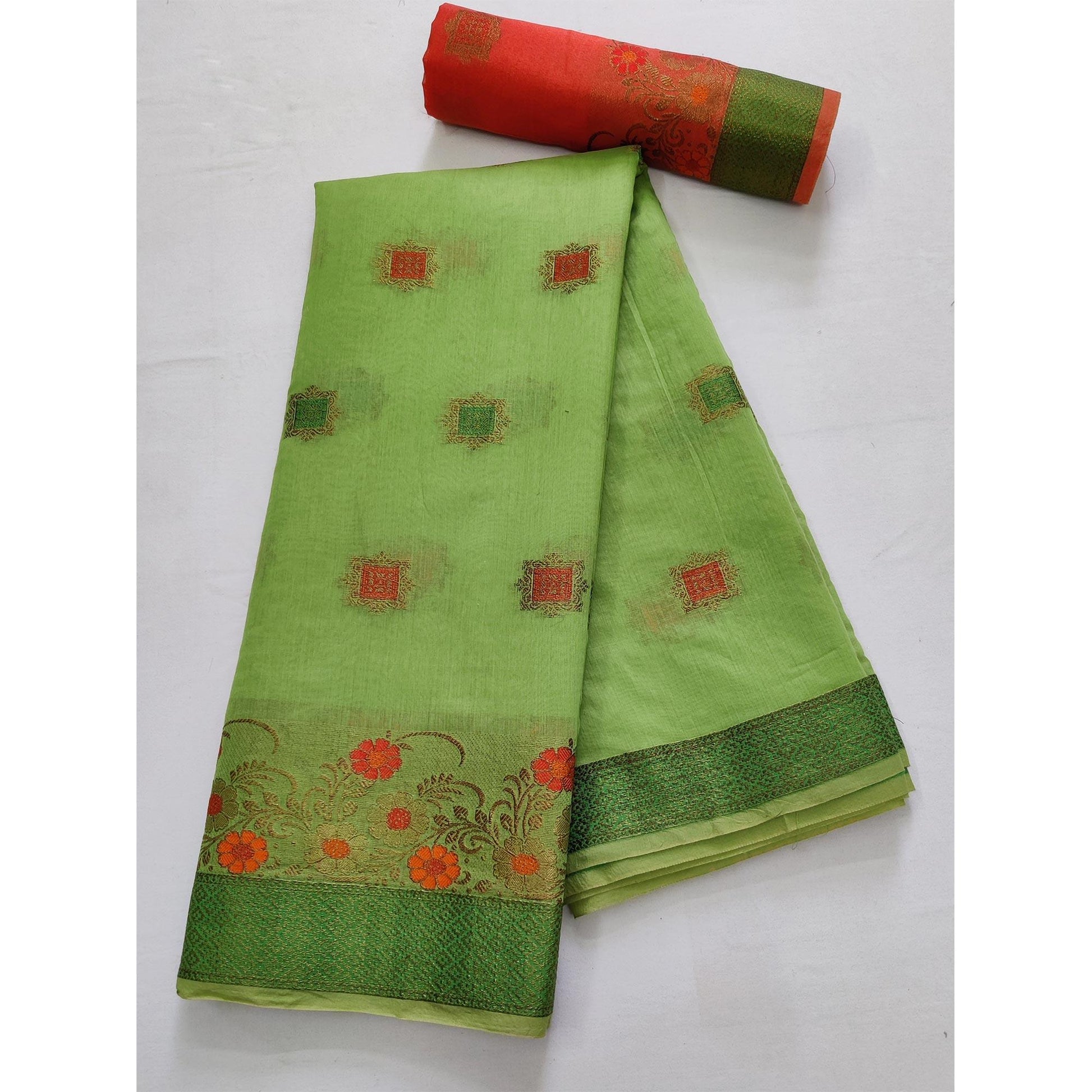 green-festive-wear-floral-woven-border-with-butta-work-cotton-saree-119055
