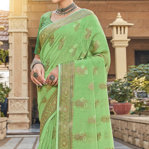 green-festive-wear-floral-woven-linen-saree-134667