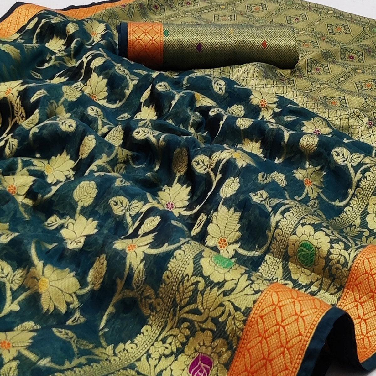 green-festive-wear-floral-woven-organza-saree-128950