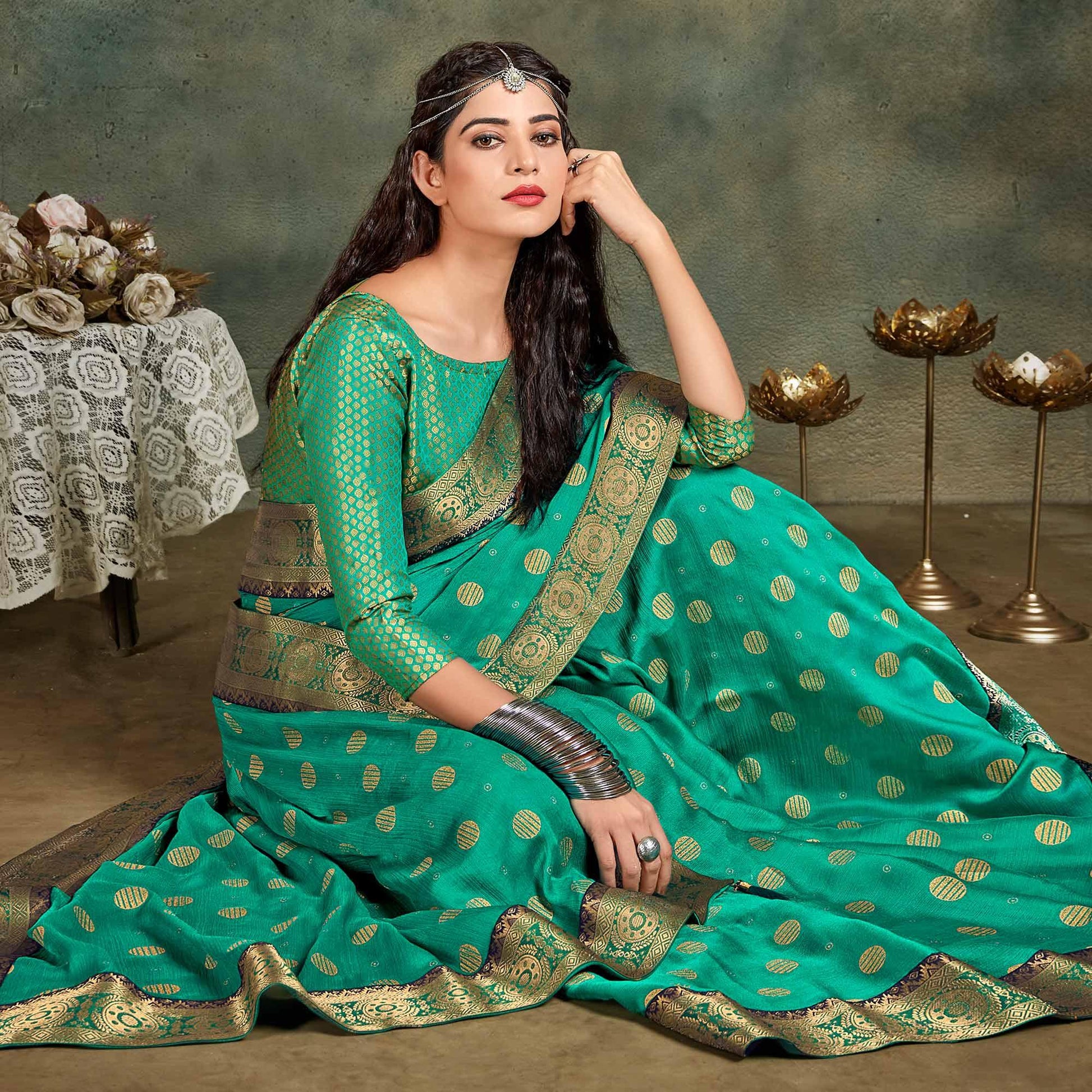 green-festive-wear-foil-work-chiffon-saree-with-banarasi-border-124109