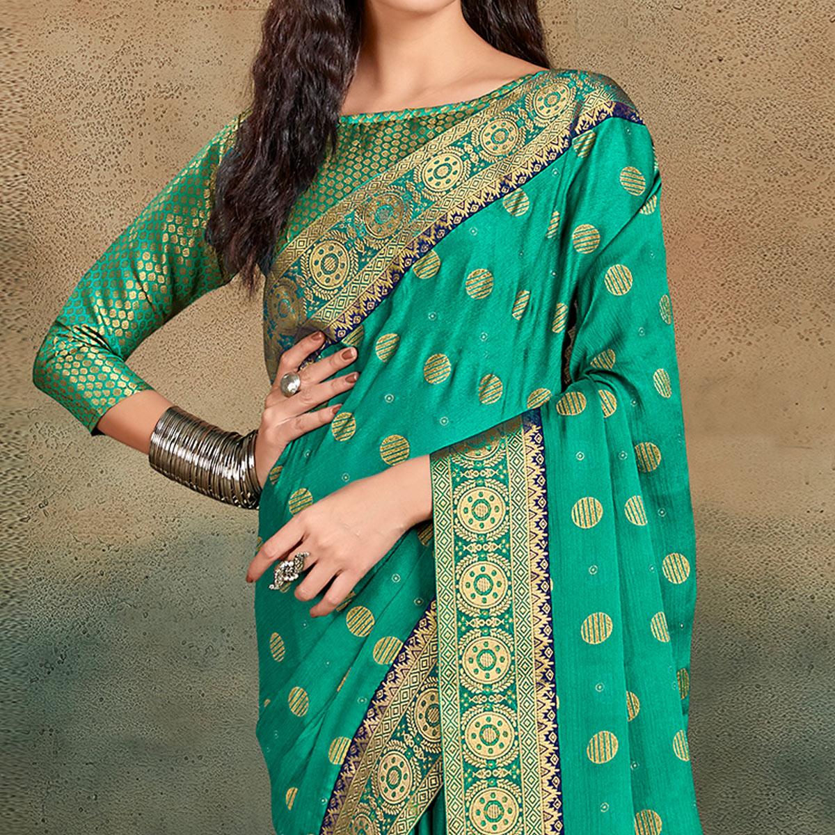 green-festive-wear-foil-work-chiffon-saree-with-banarasi-border-124109