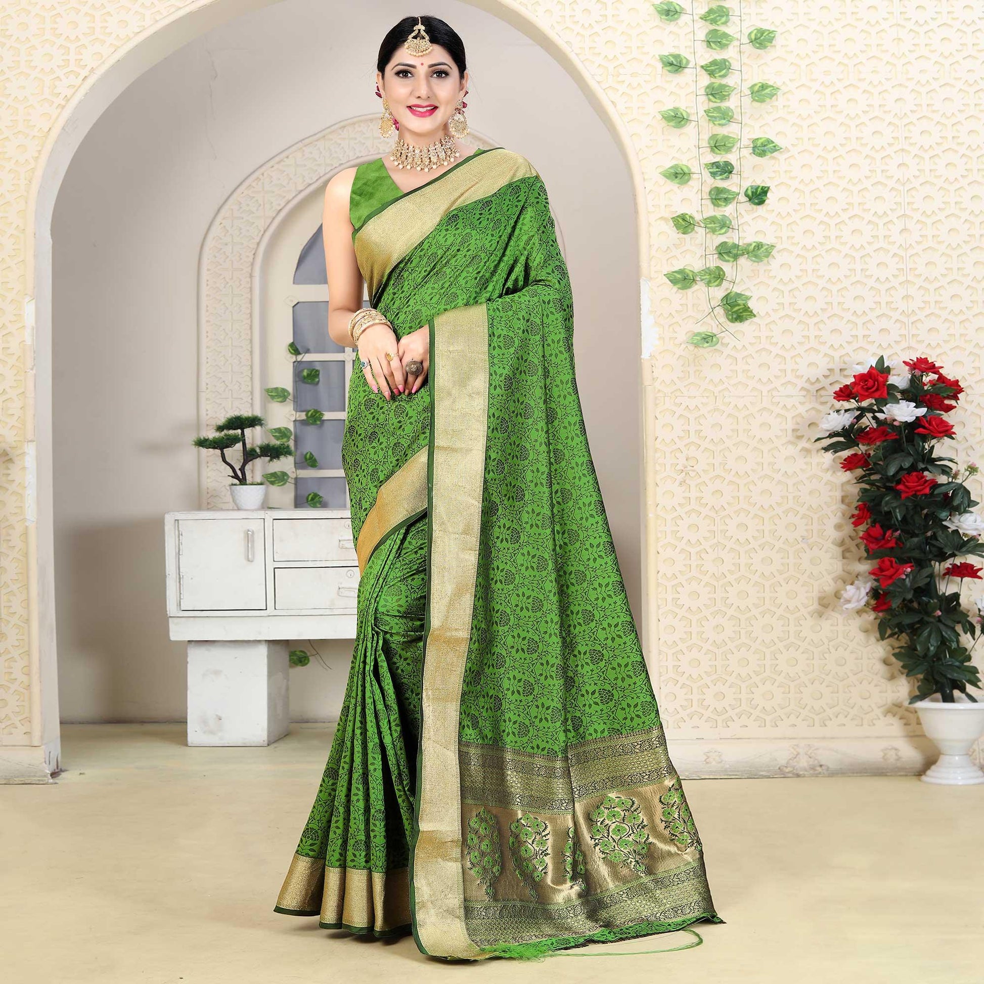 green-festive-wear-jacquard-border-soft-silk-saree-128390