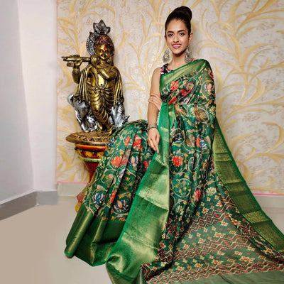 green-festive-wear-kalamkari-printed-chanderi-silk-saree-with-zari-weaving-border-128490