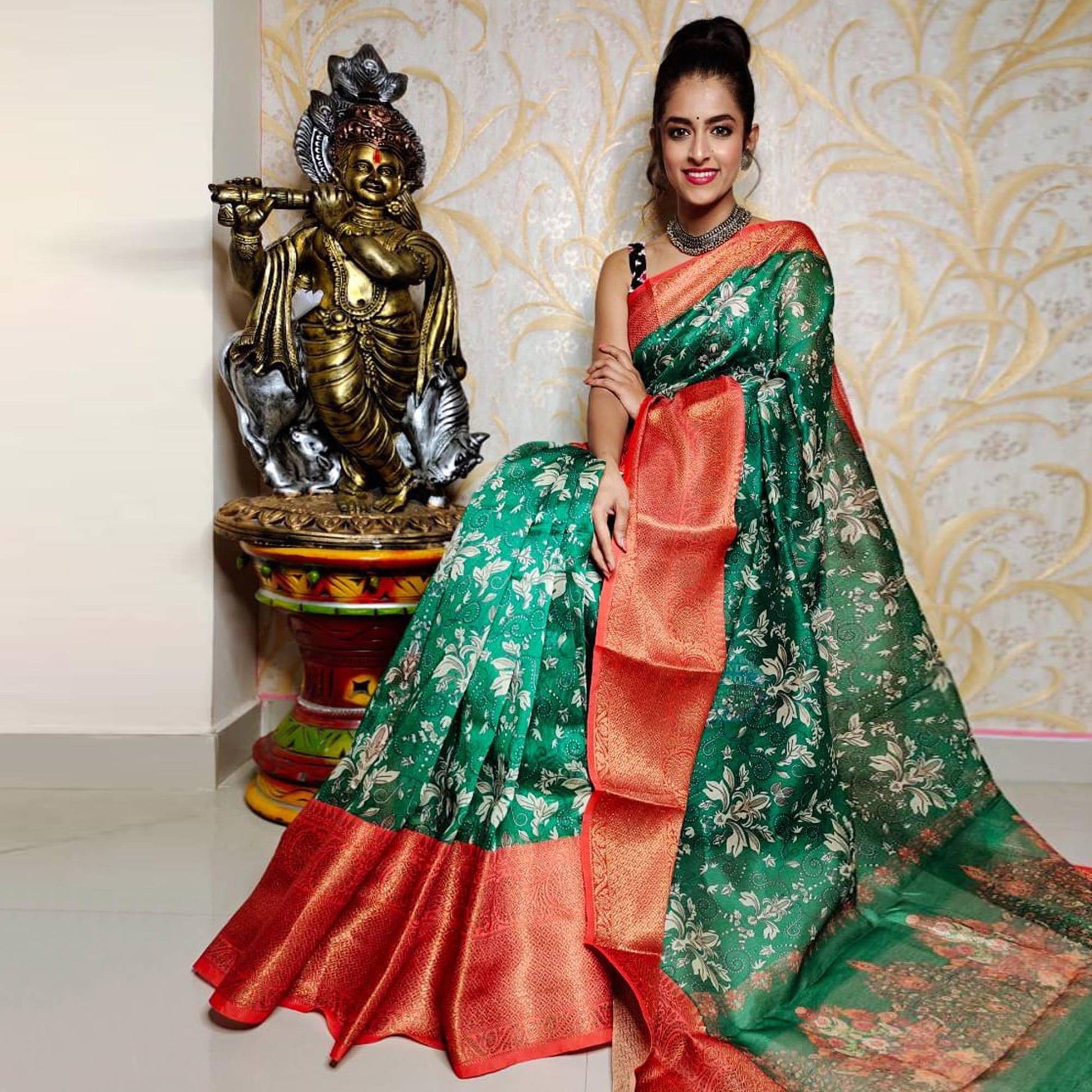 green-festive-wear-kalamkari-printed-chanderi-silk-saree-with-zari-weaving-border-128489