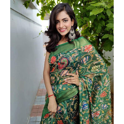 green-festive-wear-kalamkari-printed-chanderi-silk-saree-with-zari-weaving-border-128490