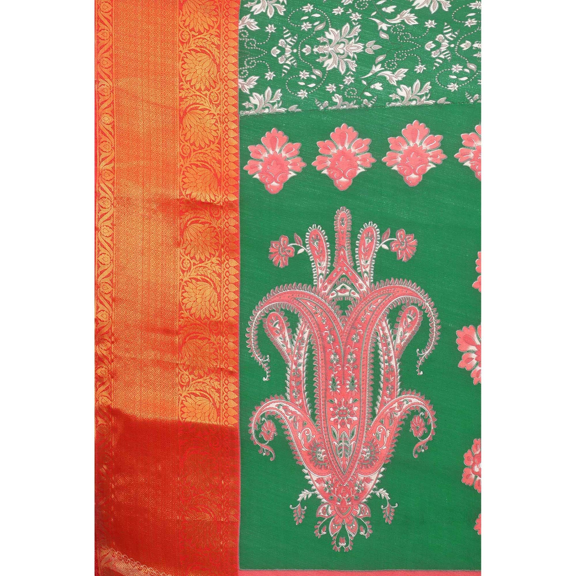 green-festive-wear-kalamkari-printed-chanderi-silk-saree-with-zari-weaving-border-128489