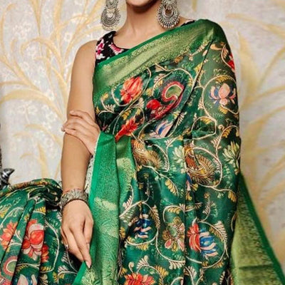 green-festive-wear-kalamkari-printed-chanderi-silk-saree-with-zari-weaving-border-128490