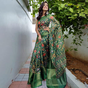 green-festive-wear-kalamkari-printed-chanderi-silk-saree-with-zari-weaving-border-128490