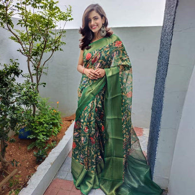 green-festive-wear-kalamkari-printed-chanderi-silk-saree-with-zari-weaving-border-128490