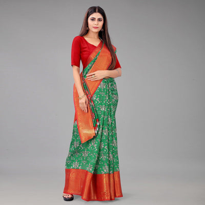 green-festive-wear-kalamkari-printed-chanderi-silk-saree-with-zari-weaving-border-128489