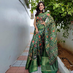 green-festive-wear-kalamkari-printed-chanderi-silk-saree-with-zari-weaving-border-128490