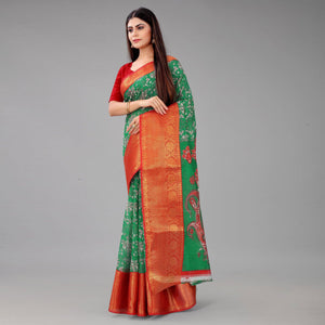 green-festive-wear-kalamkari-printed-chanderi-silk-saree-with-zari-weaving-border-128489