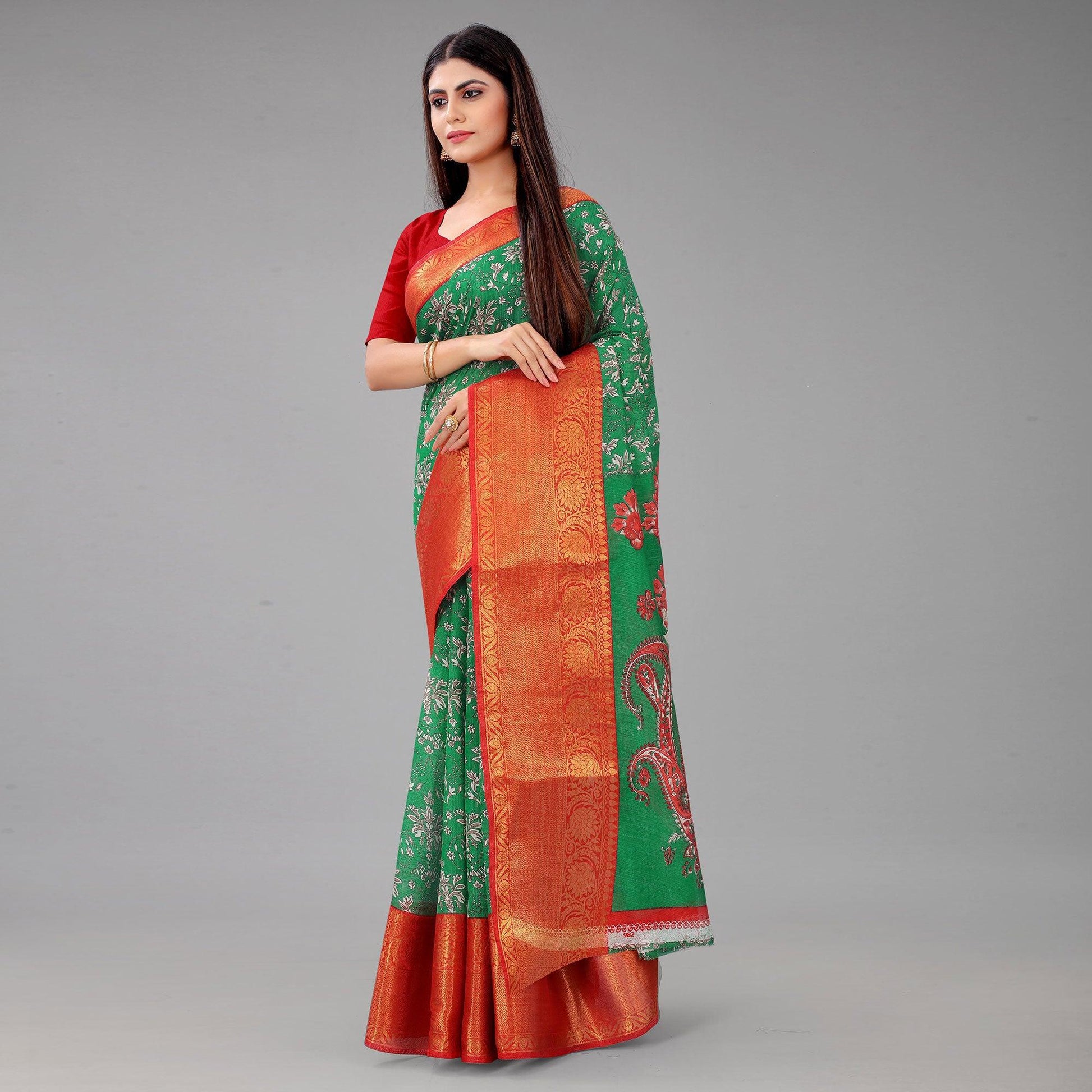 green-festive-wear-kalamkari-printed-chanderi-silk-saree-with-zari-weaving-border-128489