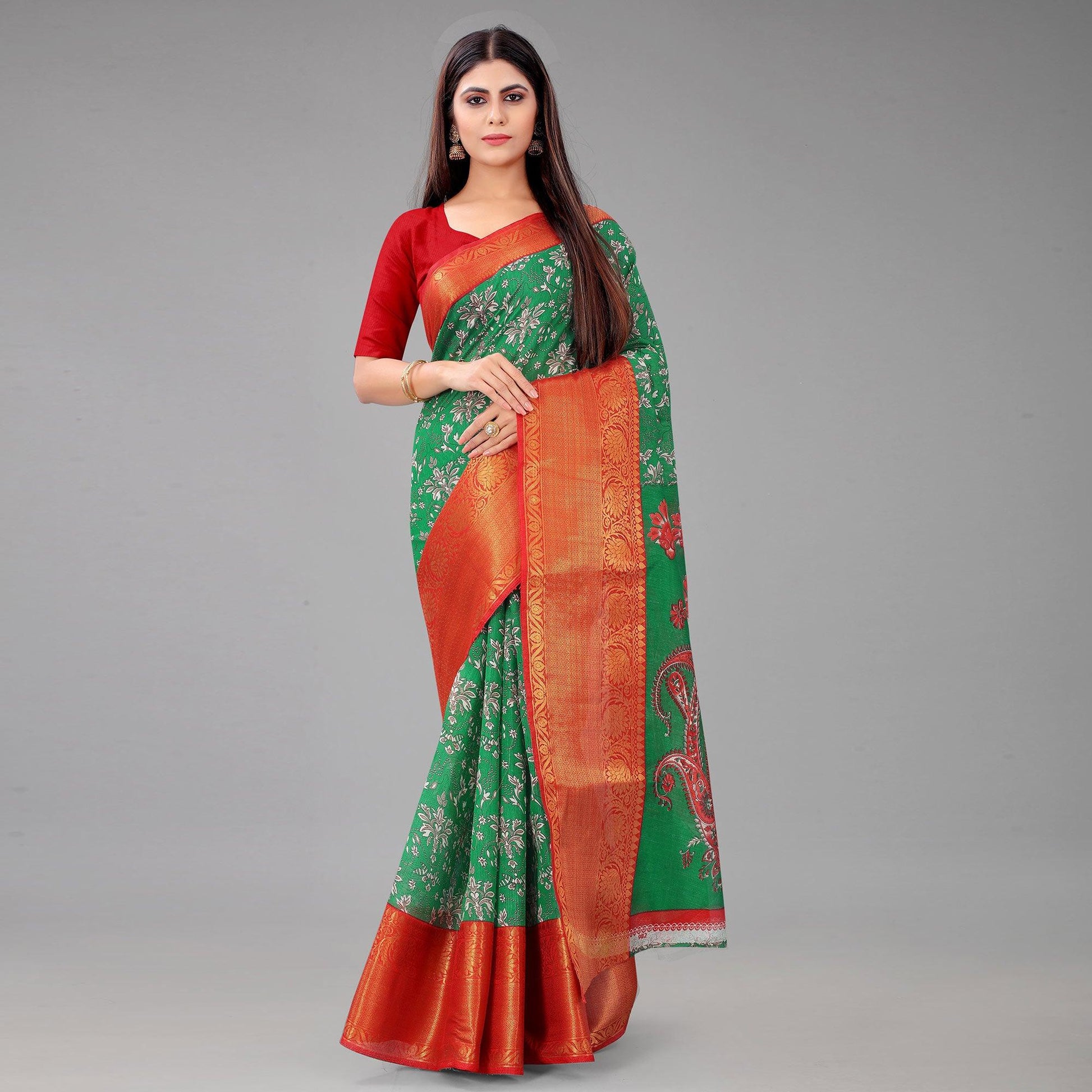 green-festive-wear-kalamkari-printed-chanderi-silk-saree-with-zari-weaving-border-128489