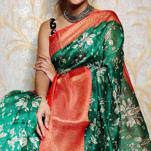 green-festive-wear-kalamkari-printed-chanderi-silk-saree-with-zari-weaving-border-128489