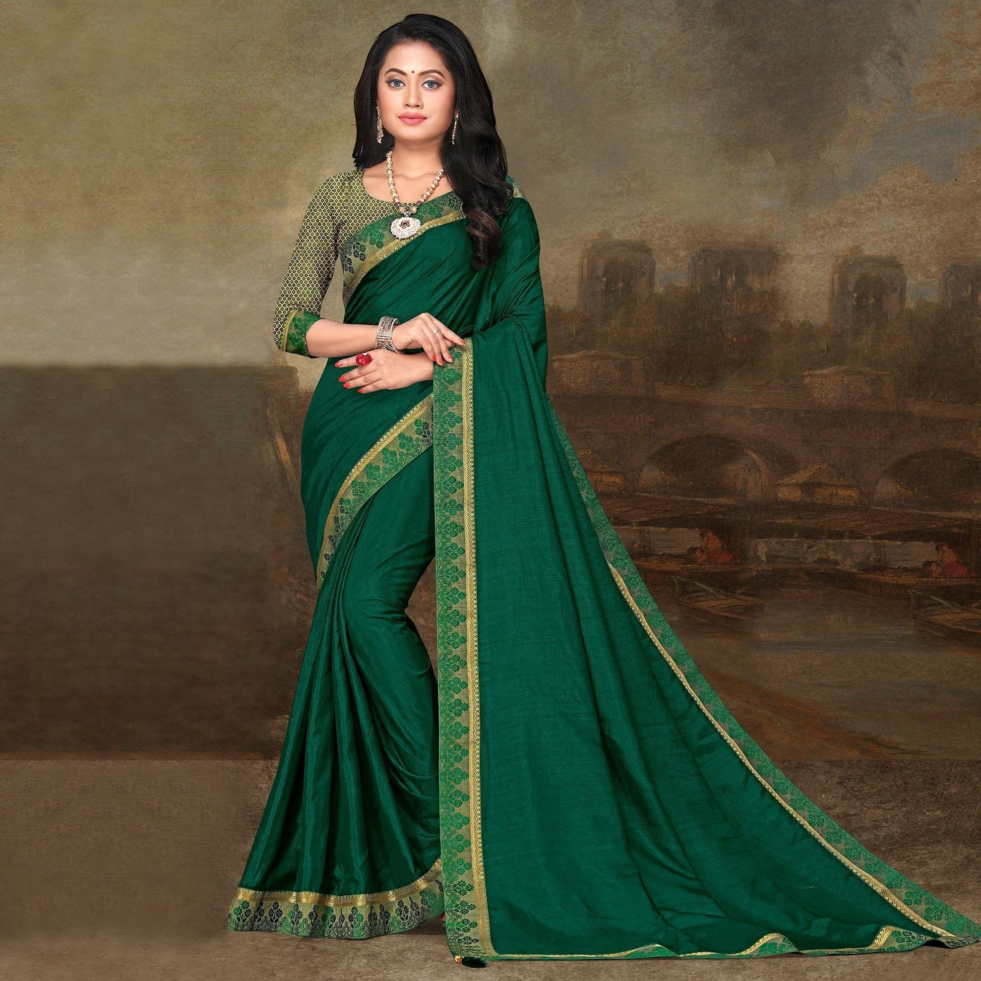 green-festive-wear-lace-work-silk-saree-141324