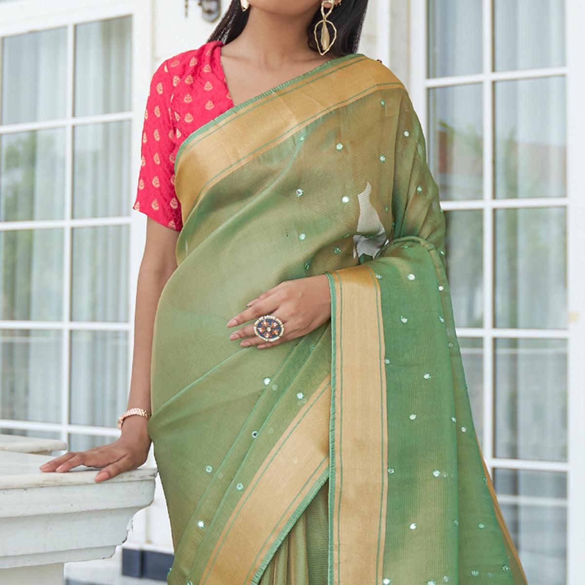 green-festive-wear-mirror-work-handloom-silk-saree-118265