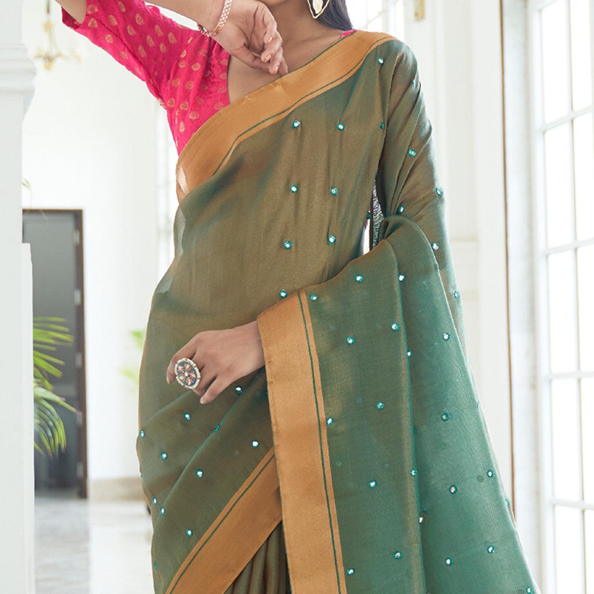 green-festive-wear-mirror-work-handloom-silk-saree-118267