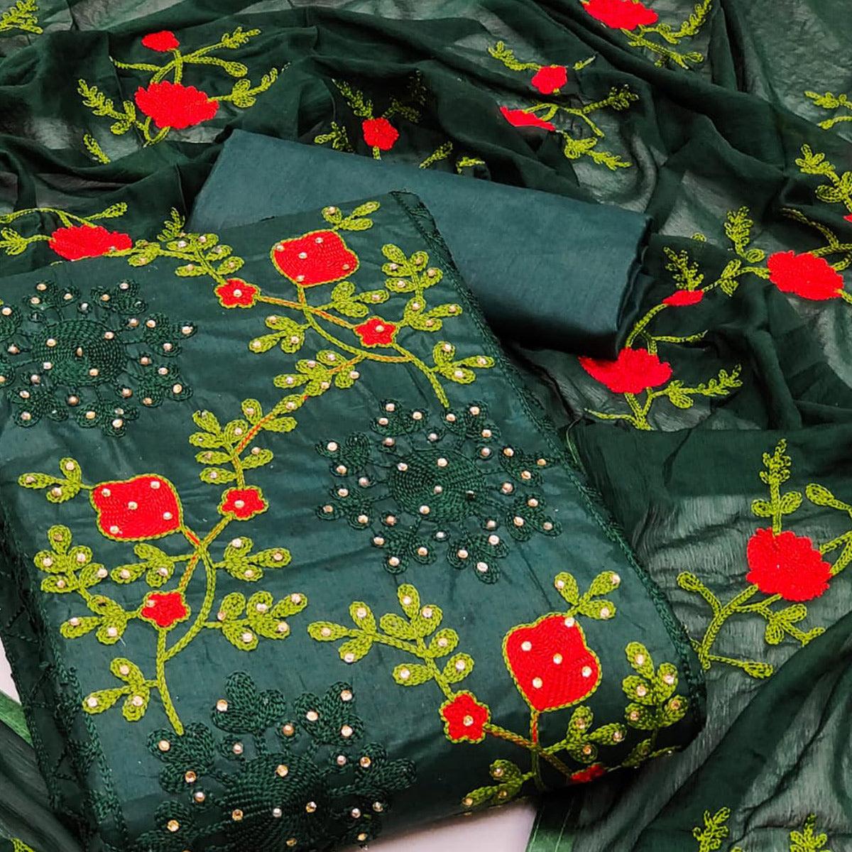green-festive-wear-pearl-work-embroidered-cotton-dress-material-139363