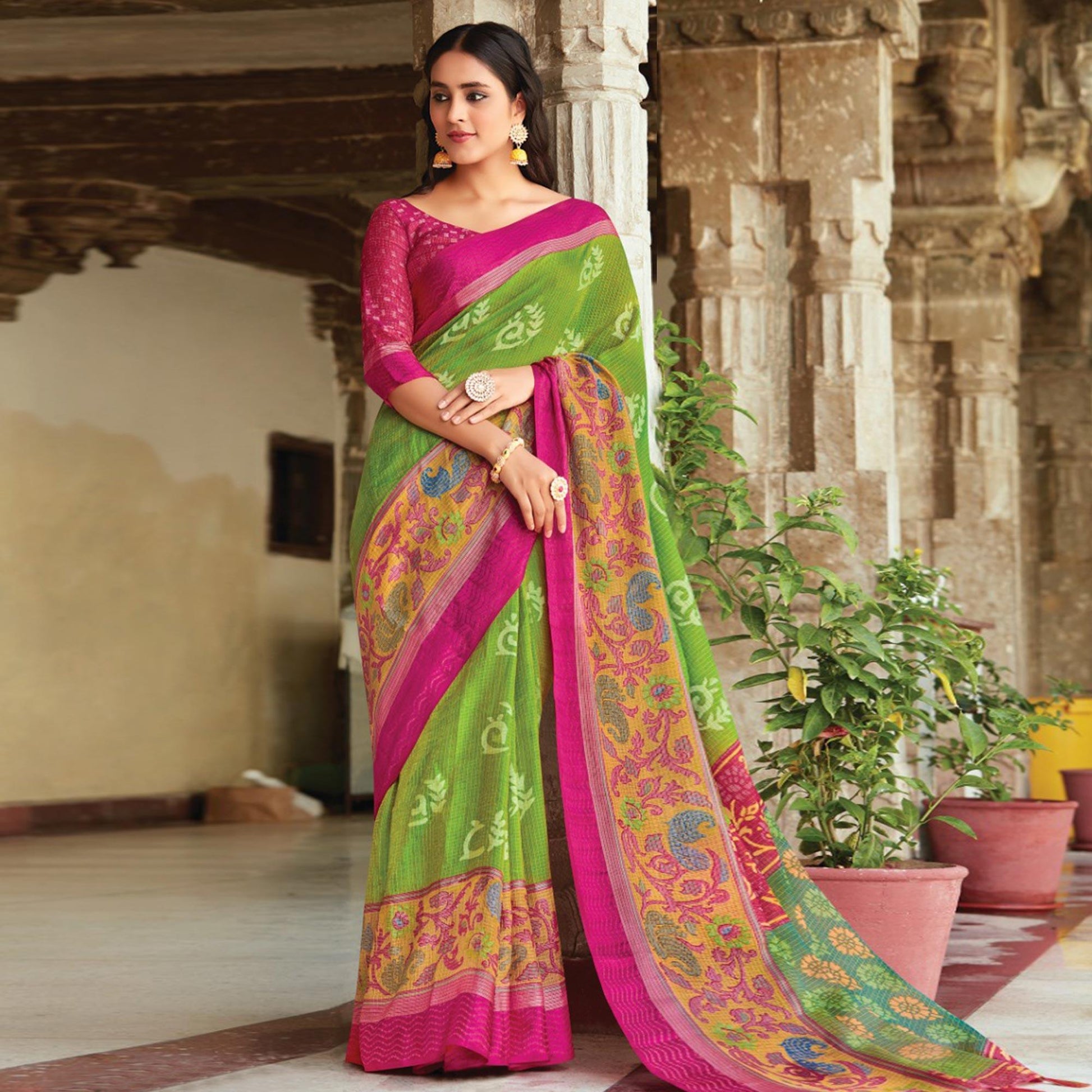 green-festive-wear-printed-brasso-saree-132772