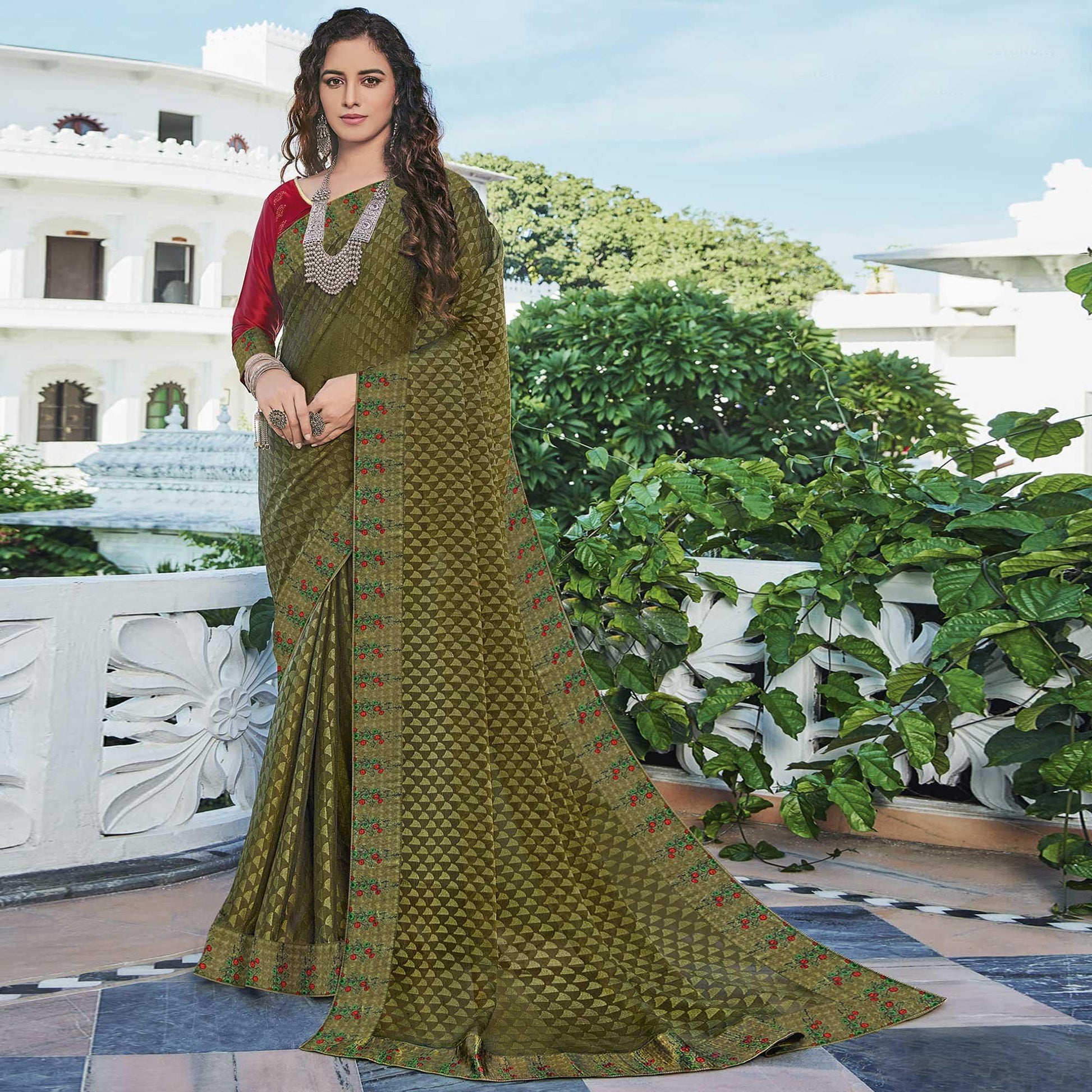 green-festive-wear-printed-brasso-saree-139322