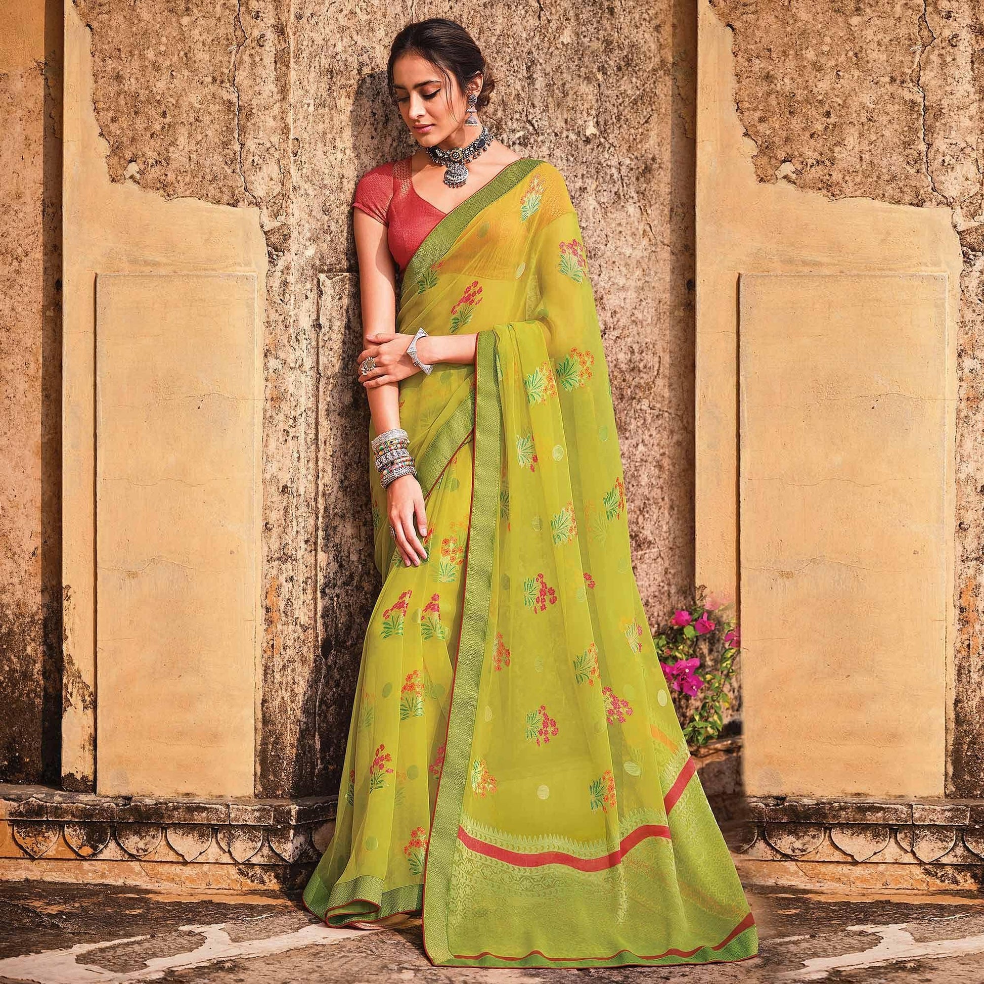 green-festive-wear-printed-brasso-saree-141517