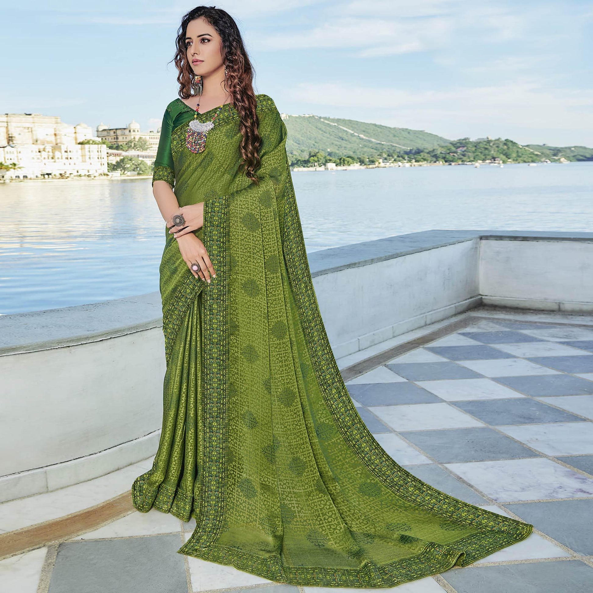 green-festive-wear-printed-brasso-saree-139326
