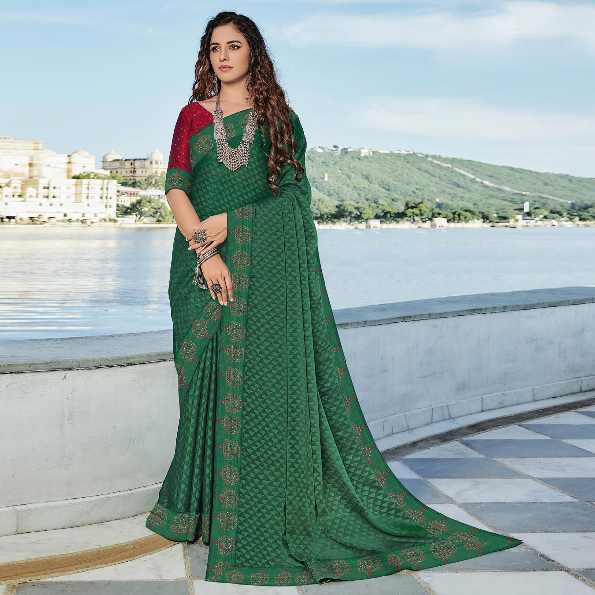 green-festive-wear-printed-brasso-saree-139317