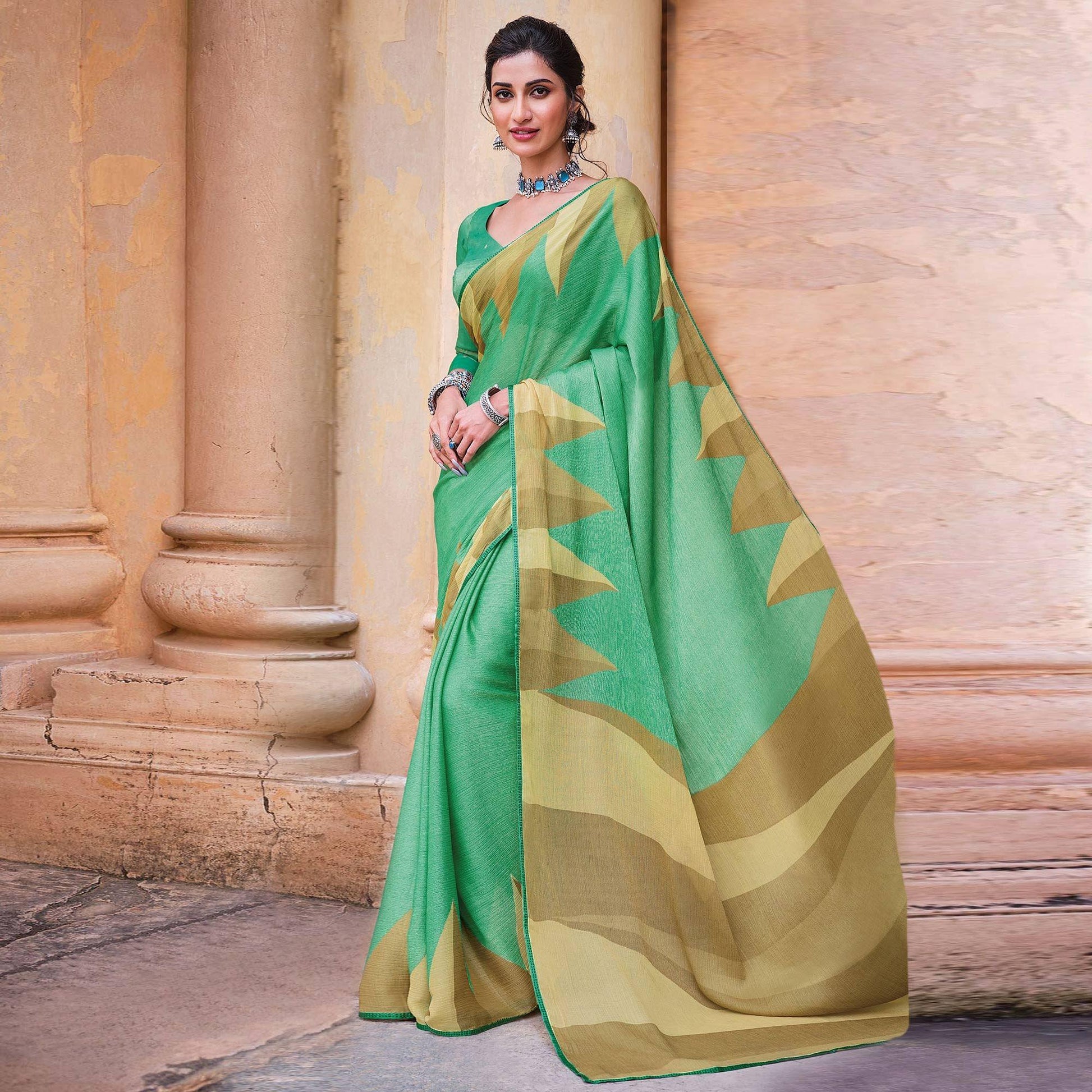 green-festive-wear-printed-brasso-saree-141533