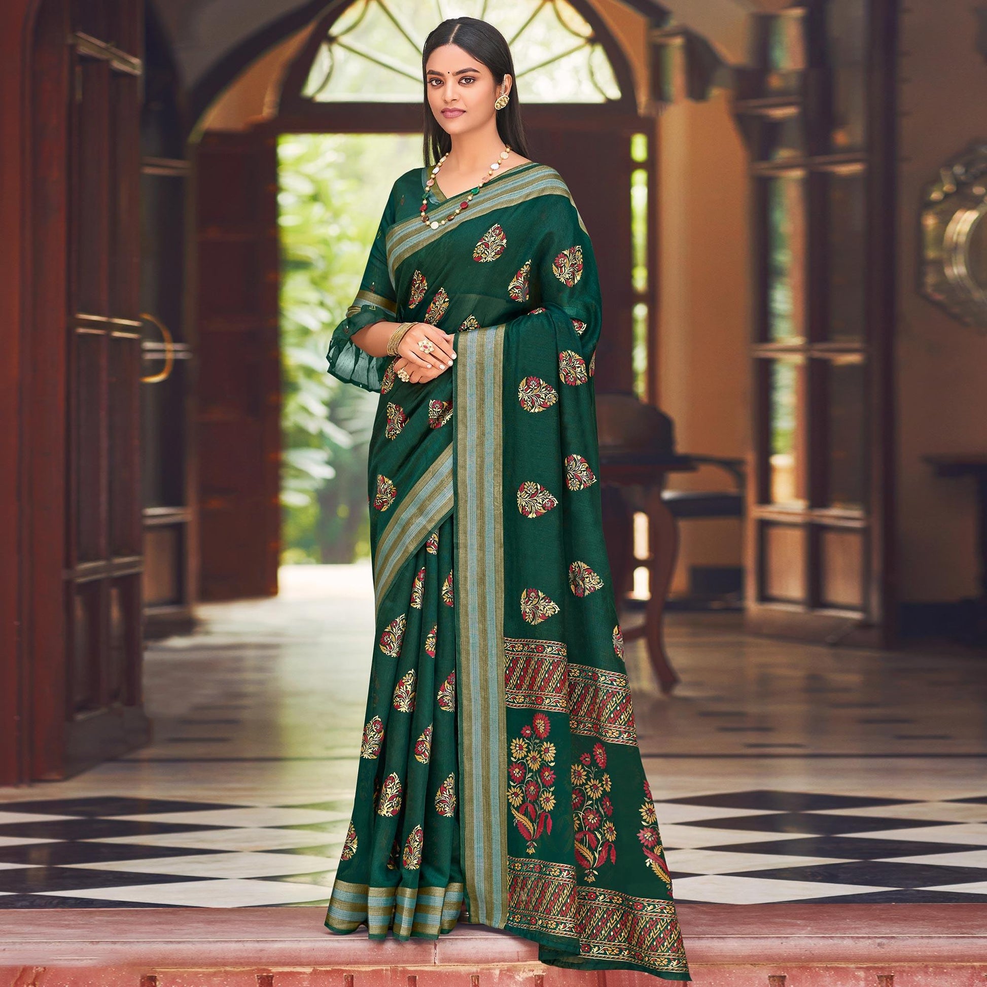 green-festive-wear-printed-chanderi-saree-135586