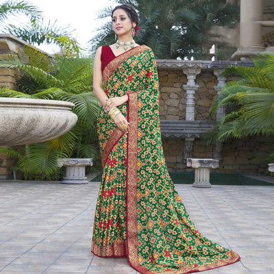 green-festive-wear-printed-chiffon-saree-141543