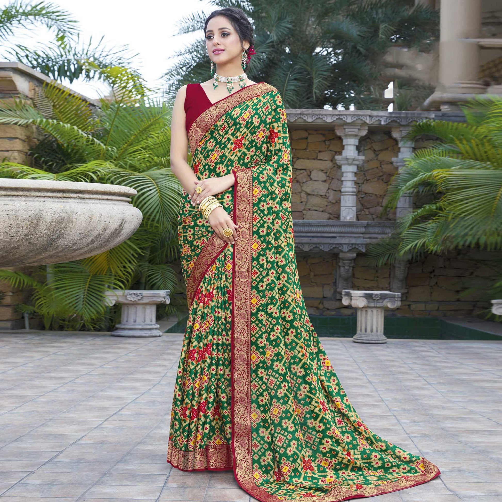 green-festive-wear-printed-chiffon-saree-141543