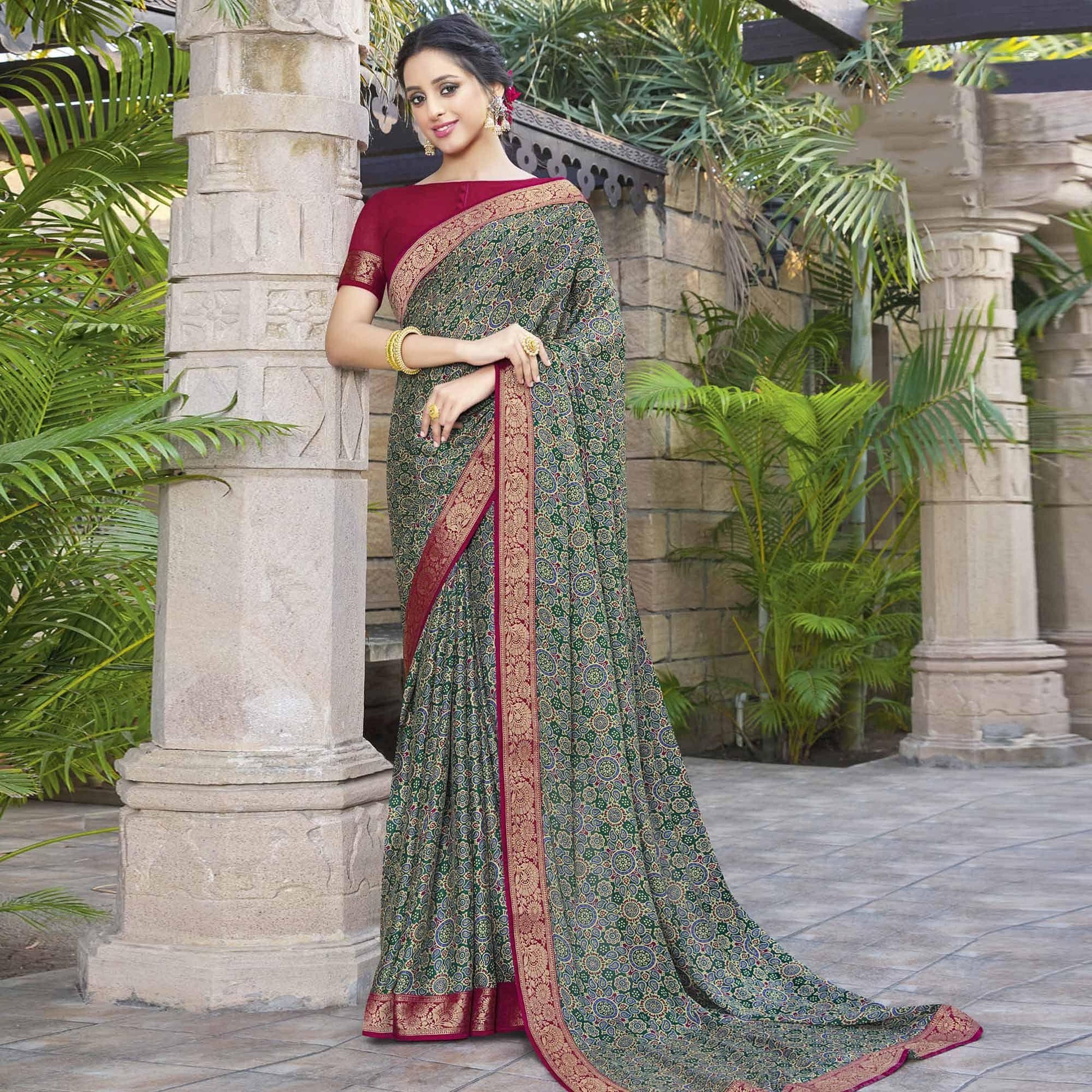 green-festive-wear-printed-chiffon-saree-141547