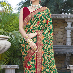 green-festive-wear-printed-chiffon-saree-141543