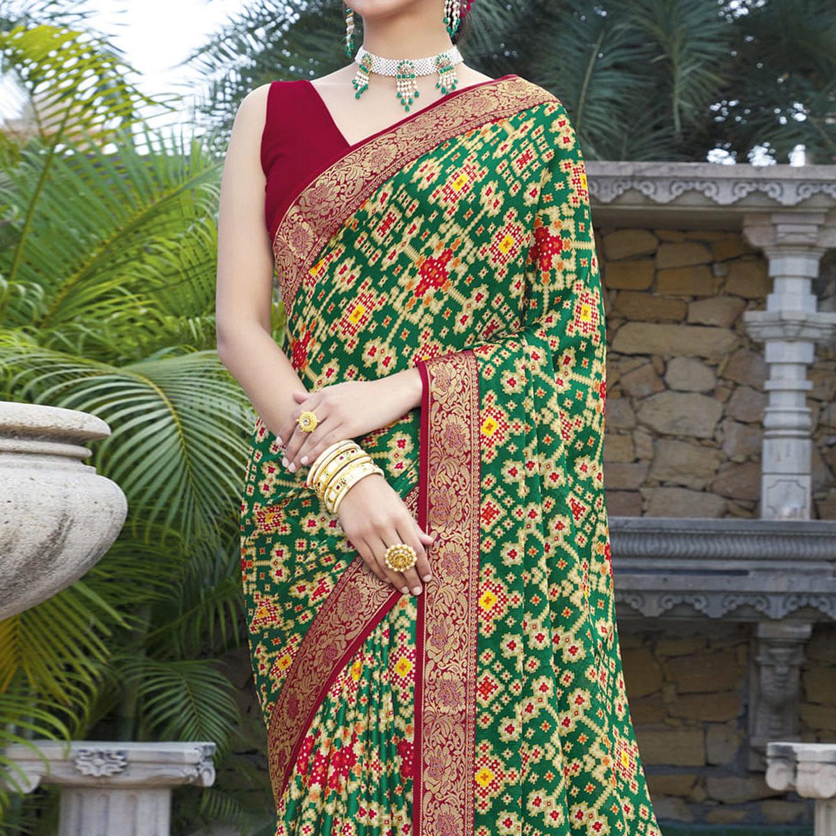 green-festive-wear-printed-chiffon-saree-141543