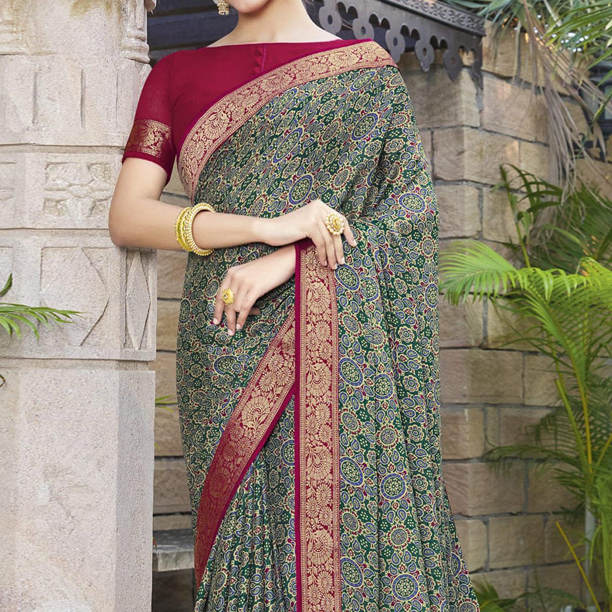 green-festive-wear-printed-chiffon-saree-141547