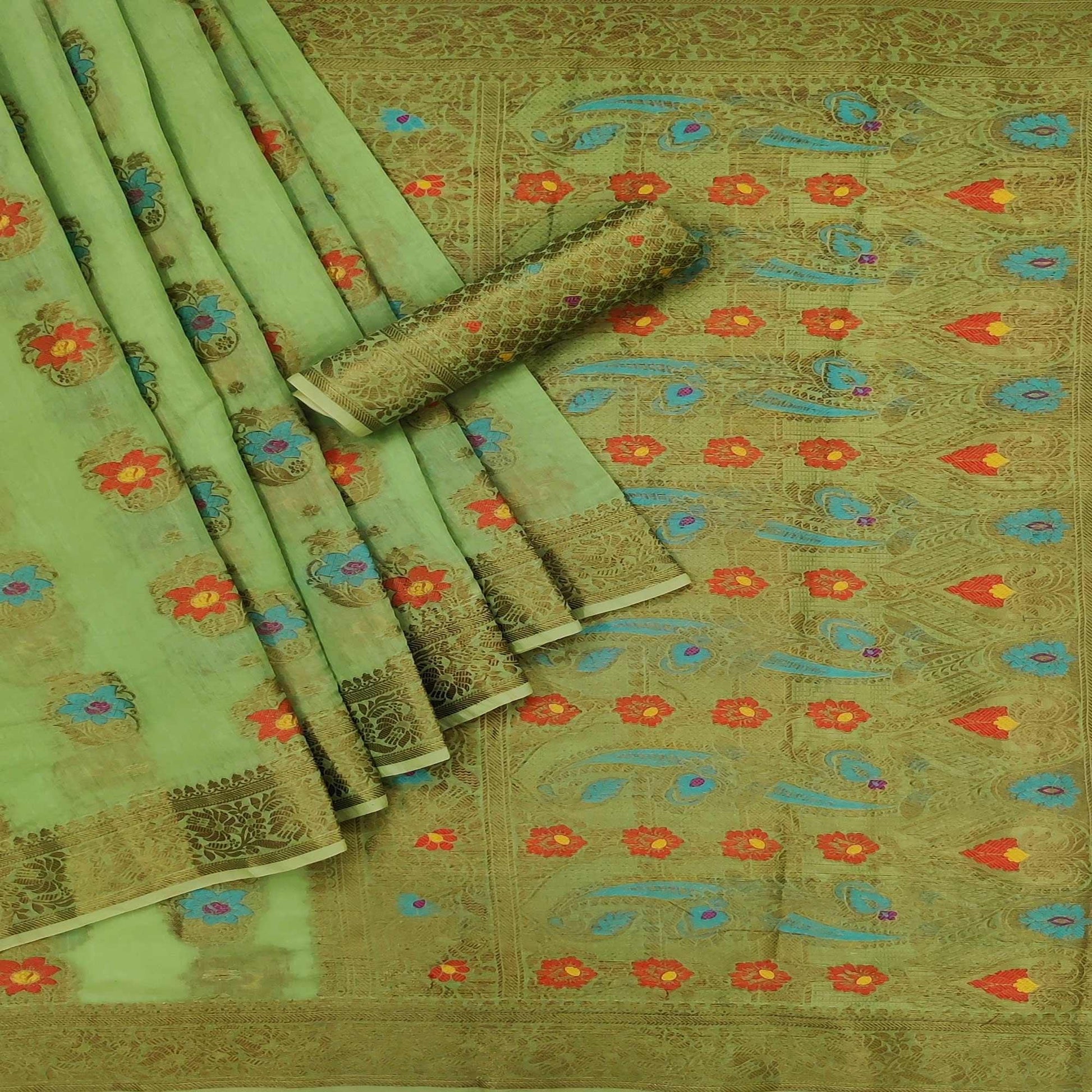 green-festive-wear-printed-cotton-saree-140298