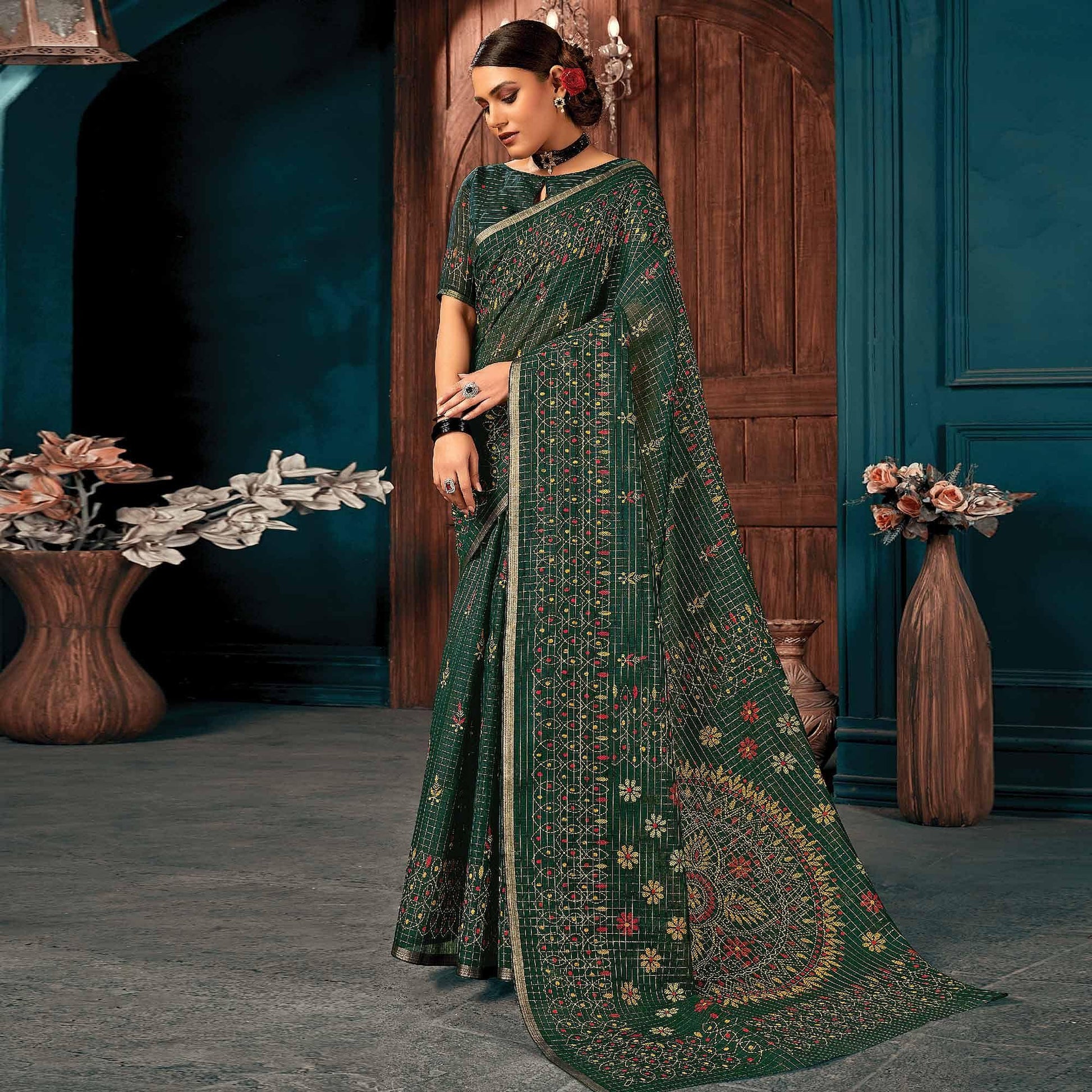 green-festive-wear-printed-cotton-saree-134687