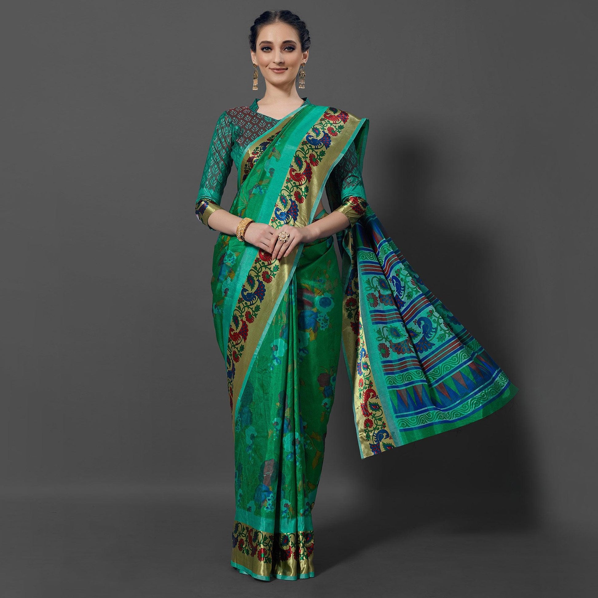 green-festive-wear-printed-dhakai-silk-saree-126467