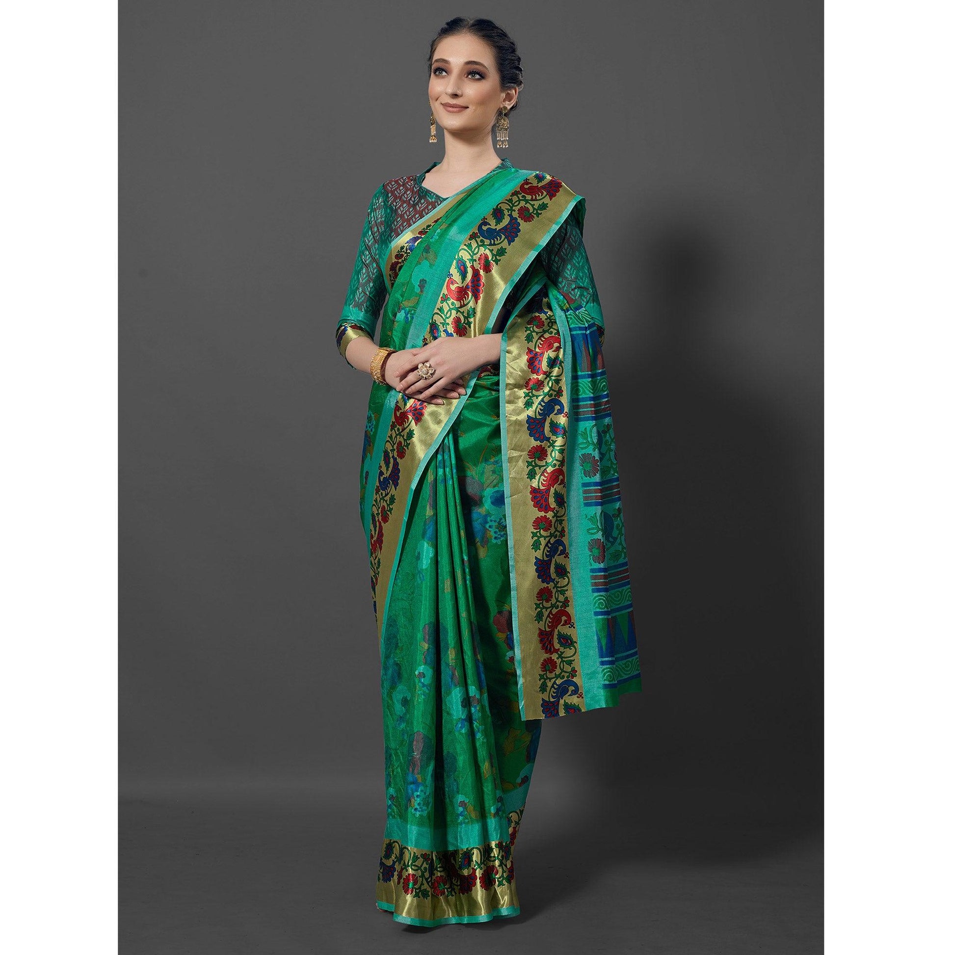 green-festive-wear-printed-dhakai-silk-saree-126467
