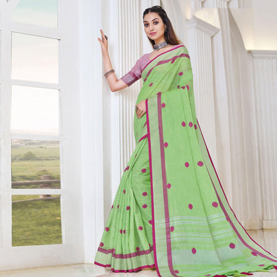 green-festive-wear-printed-linen-saree-135550