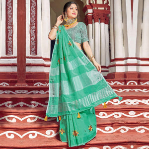 green-festive-wear-printed-linen-saree-123404