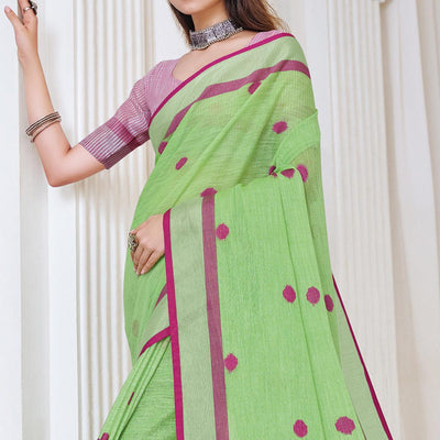 green-festive-wear-printed-linen-saree-135550