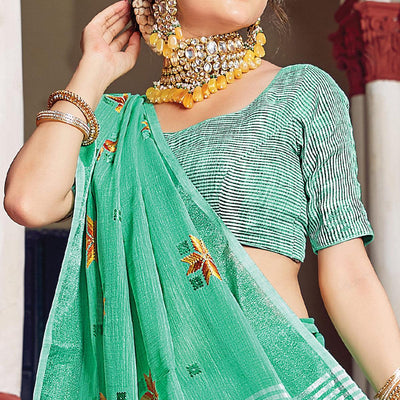 green-festive-wear-printed-linen-saree-123404