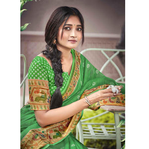 green-casual-wear-printed-linen-saree-with-border-119933
